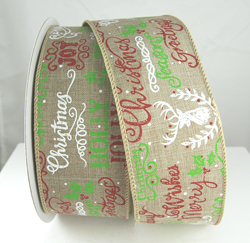 Wired Red and Green Burlap Merry Christmas Words Ribbon