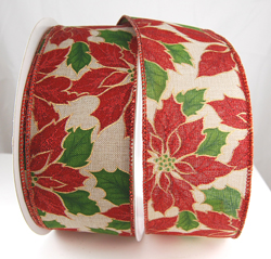 Wired Red, Green and Tan Poinsettia Christmas Ribbon