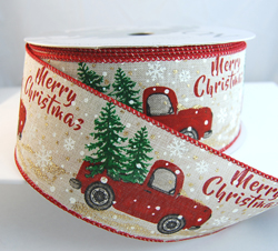 Wired Red and Green Christmas Truck Ribbon