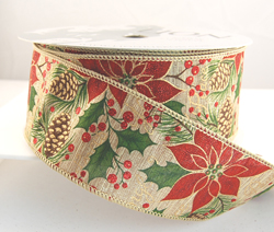 Wired Gold, Red and Green Poinsettia and Holly Berry Christmas Ribbon