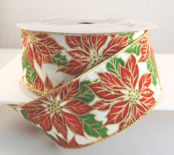 Wired White, Red and Green Poinsettia Christmas Ribbon