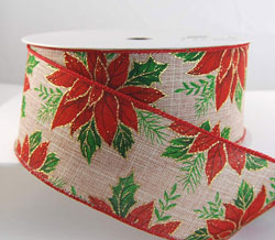 Wired Natural, Red and Green Poinsettia Christmas Ribbon