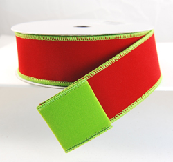Wired Lime Green and Red Velvet Christmas Ribbon 1 1/2"