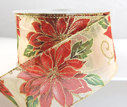 Wired Sheer Gold, Red and Green Poinsettia Christmas Ribbon