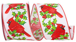 Cardinals with Leaves and Berries Wired Craft Christmas Ribbon 2.5 x 10  Yards